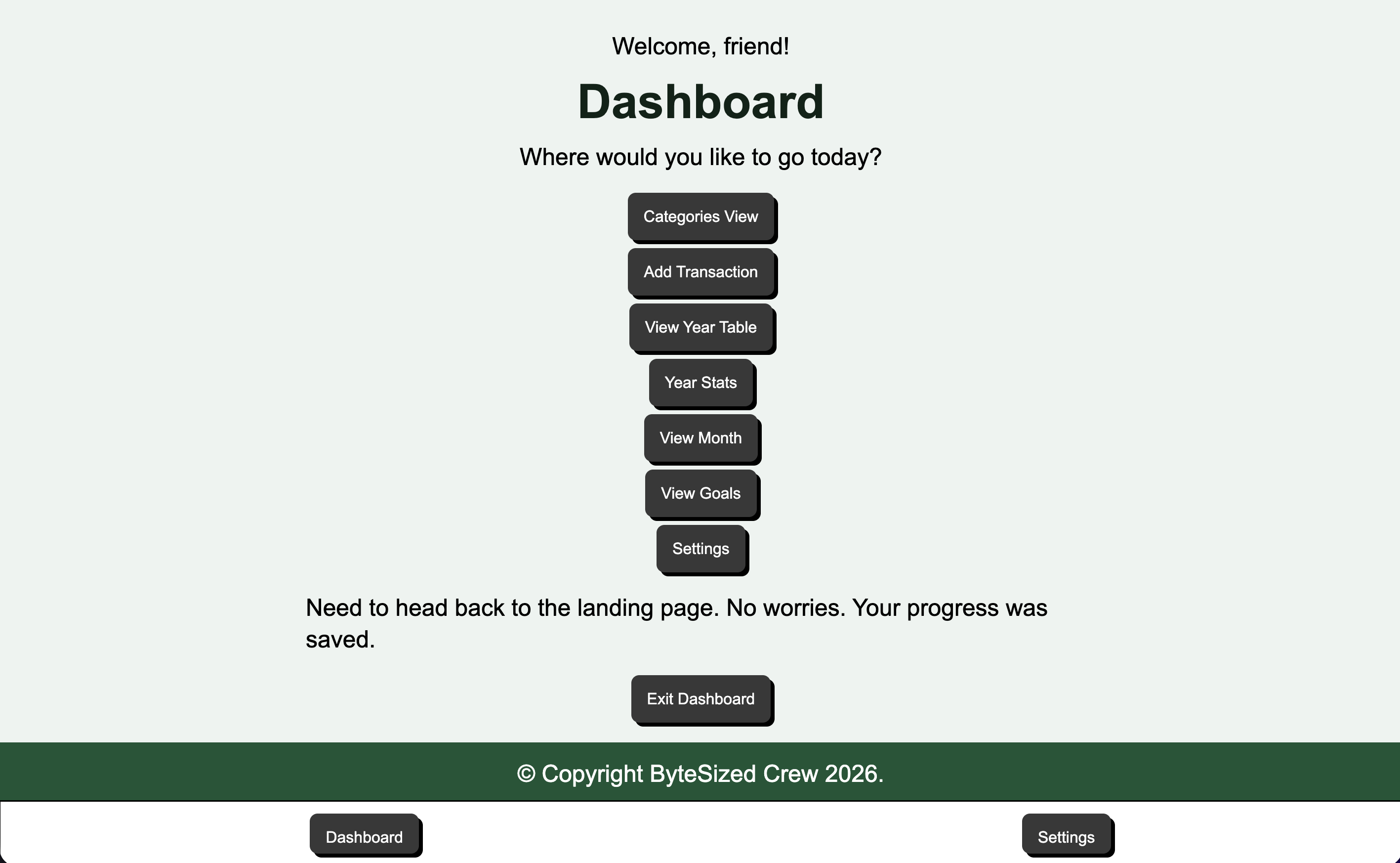 Home page of the bytesized budget application.
