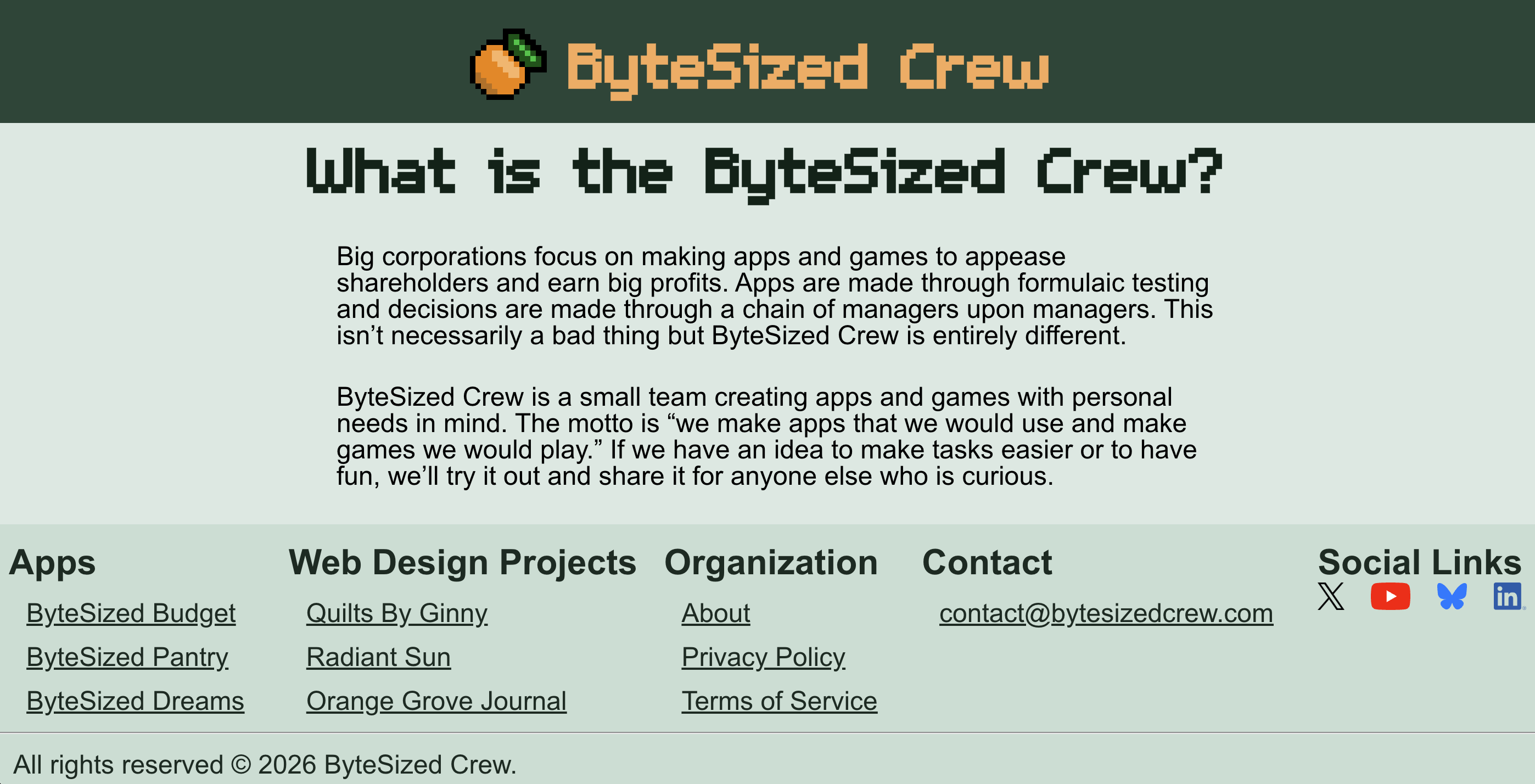 The landing page of the ByteSized Crew website.