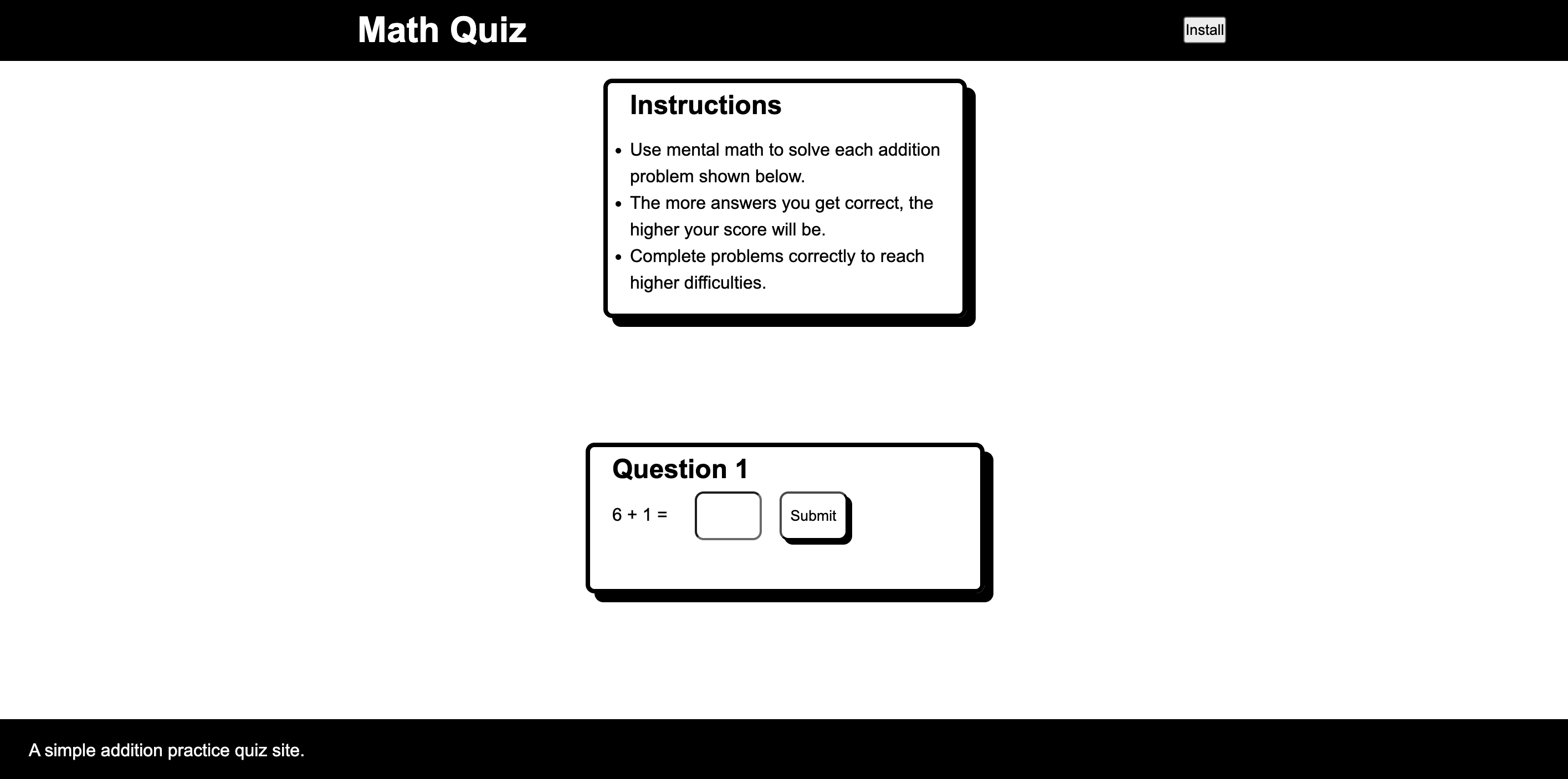 The landing page of the math quiz game.